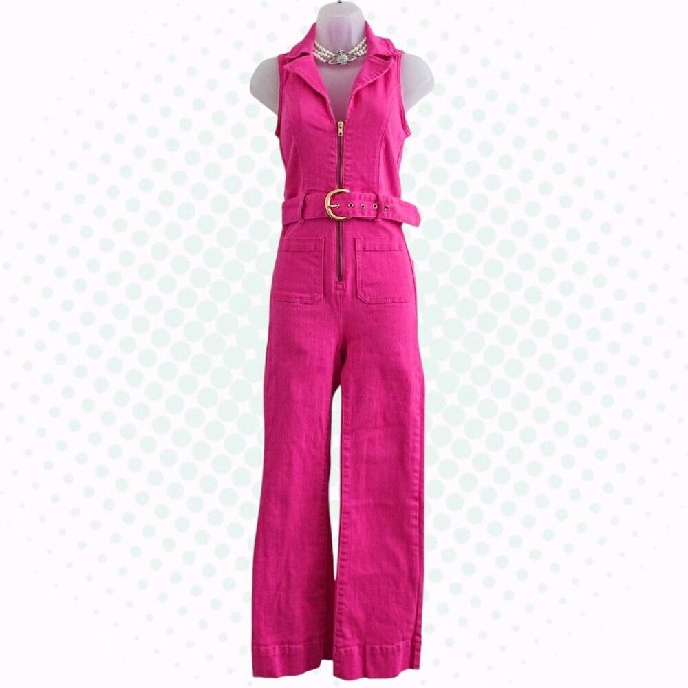Show Me Your MuMu Barbie Pink Magenta Denim Belted Straight Leg Jumpsuit Size XS